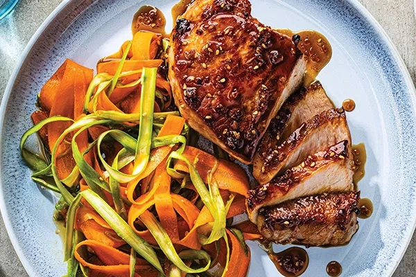 Teriyaki Pork Chops with Asparagus & Carrot Ribbon Salad